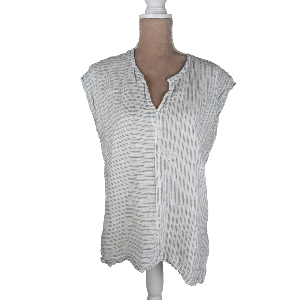 CP Shades Cap Sleeve Linen White Blue Stripe Tunic Top Sz Medium Beachy Coastal